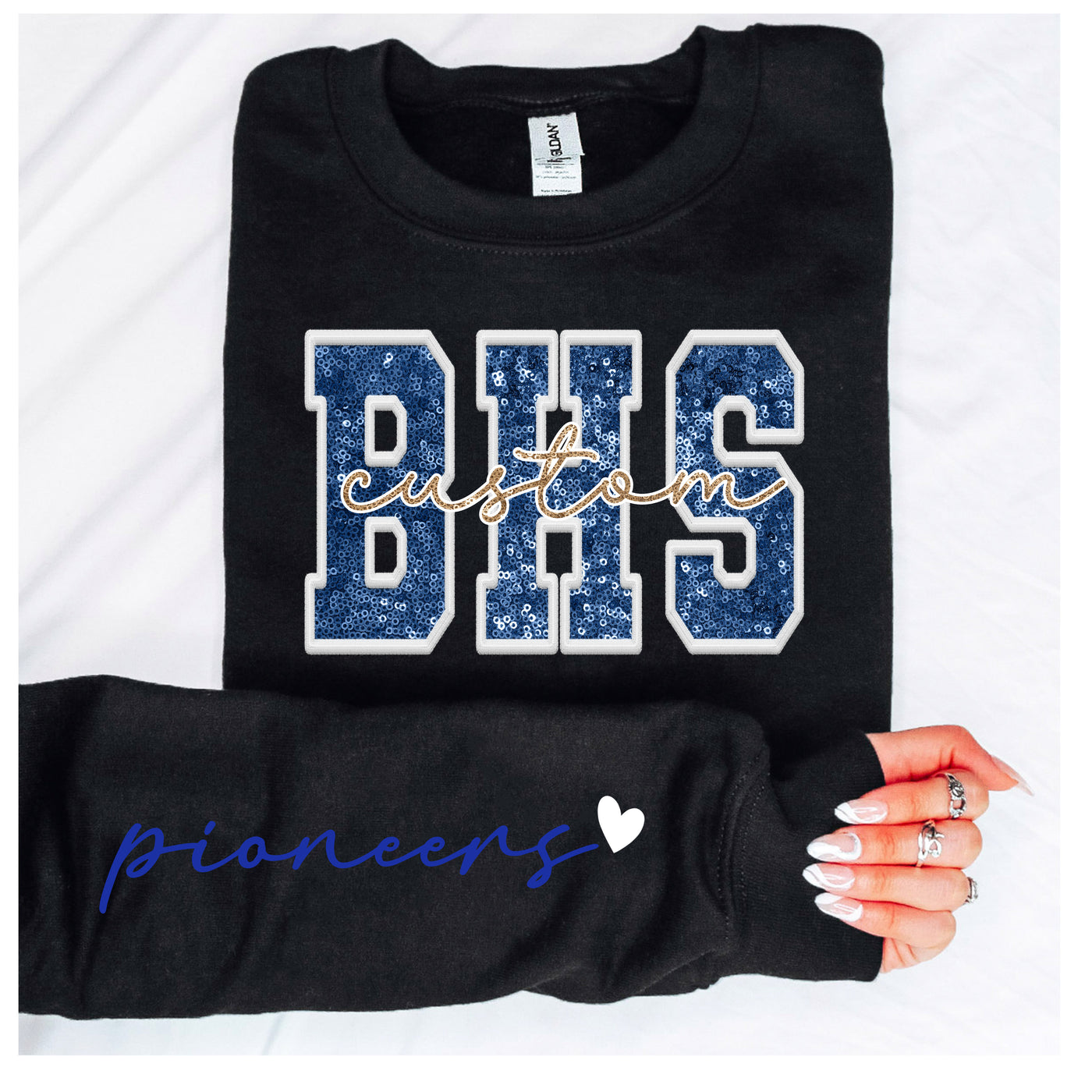 CUSTOM Faux/Sequin SCHOOL ABBREVIATION + SPORT Sweatshirts