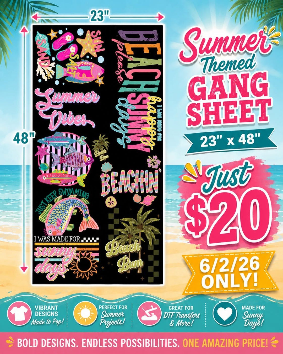 PRE-MADE Summer Theme 23"x48" Gang Sheet
