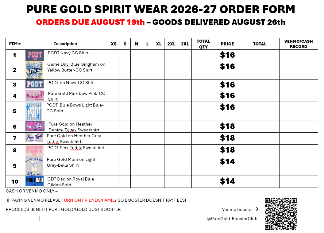 PURE GOLD DANCE TEAM - SIZING CHARTS