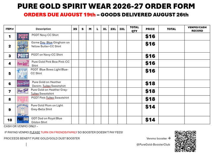 PURE GOLD DANCE TEAM - SIZING CHARTS