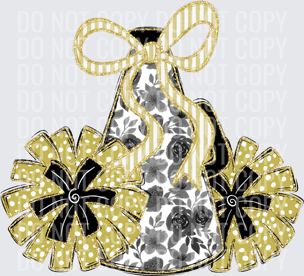 Floral_Megaphone_Cheer_Poms_Bow_Black_Gold
