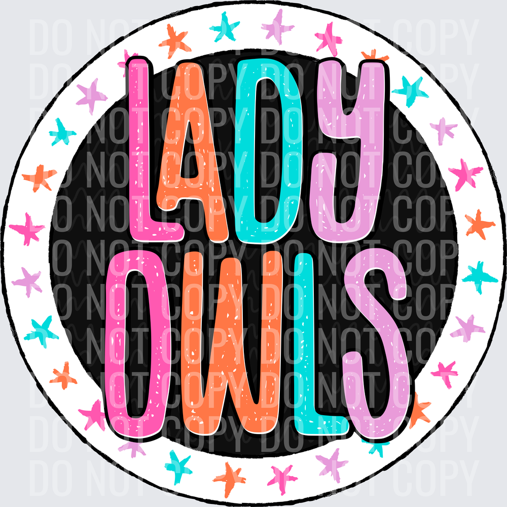 LadyOwlsStarCircleColorfulBlackBG